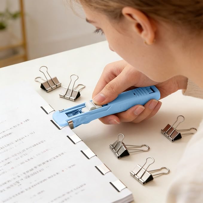 Portable Binder Clip Stapler, Includes 150 Reusable Clips, Push Clip Staplers, Mini Push Stapler Clamp Staplers for Desktop Document Home School Desk Office (F#)
