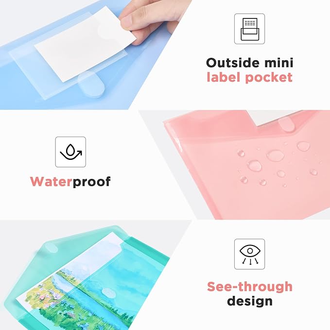 Sooez 5 Packs Plastic Envelopes Plastic File Folders, Clear Document Organizer Folder US Letter A4 Size Folders for Documents with Label Pocket for School Office Work Home Organization, Fresh Colors