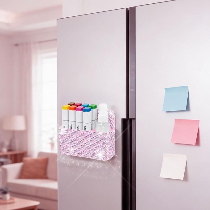 Bling Magnetic Marker Holder for Whiteboard Pen Holder for Women Girls Sparkly Gift Desk Organizer with Glitter Rhinestones for Christmas School Office Supplies (Pink)