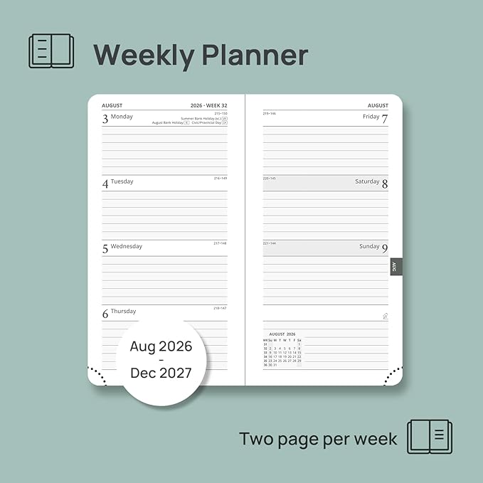 POPRUN 2026-2027 Pocket Weekly Planner for Purse, 3.5" x 6.5" Slim Size, Small Calendar from August 2026 to December 2027, Hardcover Appointment Book with Horizontal Layout, Monthly Calendar, 70 GSM Paper - Black