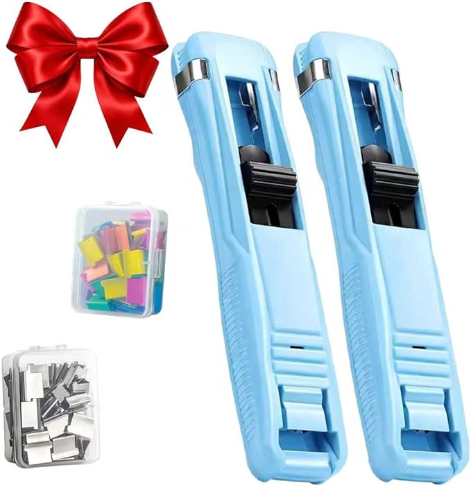 Portable Binder Clip Stapler Mini-Includes 58 Reusable Clips, Reusable Desktop Stapler with Clip Dispenser，Mini Push Stapler Clamp Staplers for Desktop Document Home School Desk (2PCS E)