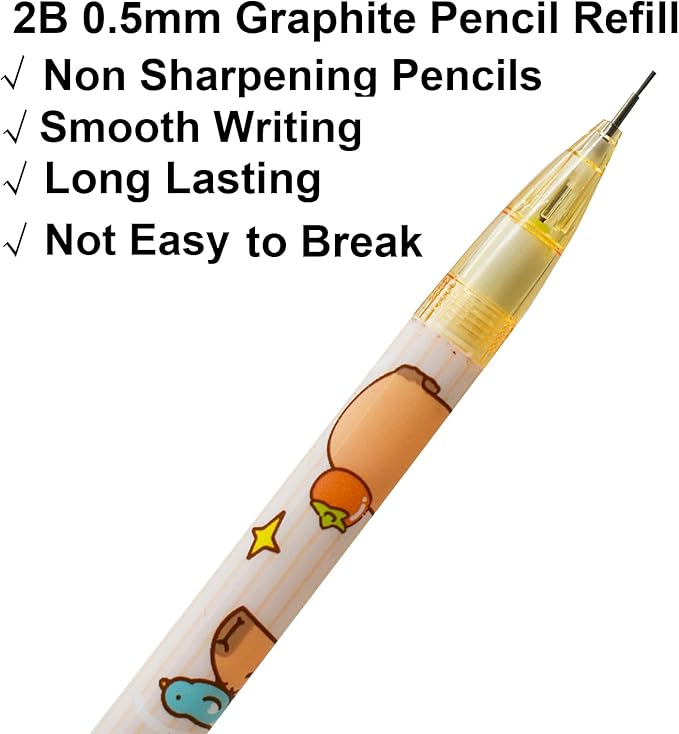 Maydahui 12 Pcs 2B 0.5 mm Cute Cartoon Capybara and Panda Mechanical Pencils With Eraser and 100 Pcs Lead Refills For Drawing Homework Stationery Supplies