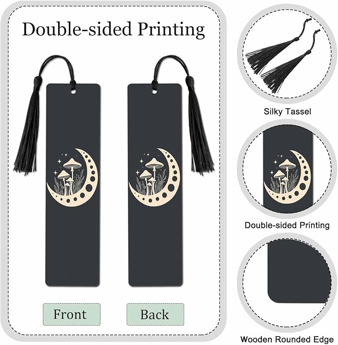 Mushrooms Bookmarks 5 Pcs Cosmic Moon Mystical Black Wooden Bookmark with Tassels for Reading Book Lovers Gift Office School Readers Teacher