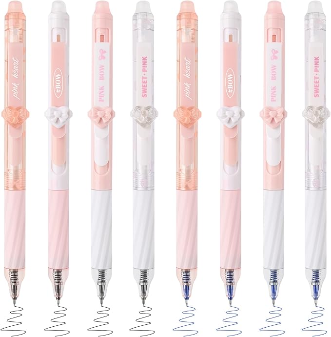 8 Pcs Cute Erasable Gel Pens with Erasers, 0.5 mm Fine Point Black & Blue Ink Pens, Smooth Writing Retractable Pen for Note Taking and Crossword Puzzles (Pink)