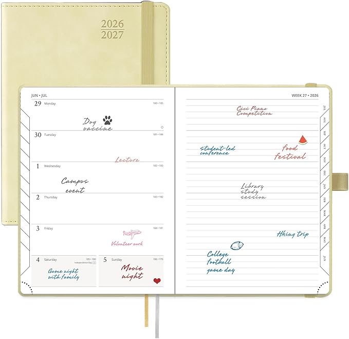 POPRUN Weekly Planner 2026-2027 (Medium 6.5''x 8.5'') Academic Calendar (JUL.26 - JUN.27) Appointment Book with Monthly Tabs, Leather Soft Cover, Inner Pocket, 100 GSM - Beige