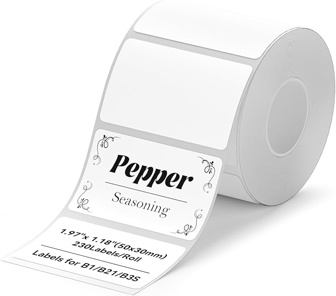 NIIMBOT Label Tape for B1/B21/B3S, 1.97'' x 1.18'' (50x30mm), 230 Labels/Roll, Thermal Label Tape for Marson Jar/Bakery/Grocery/Barcode/Return Address/Small Business, White
