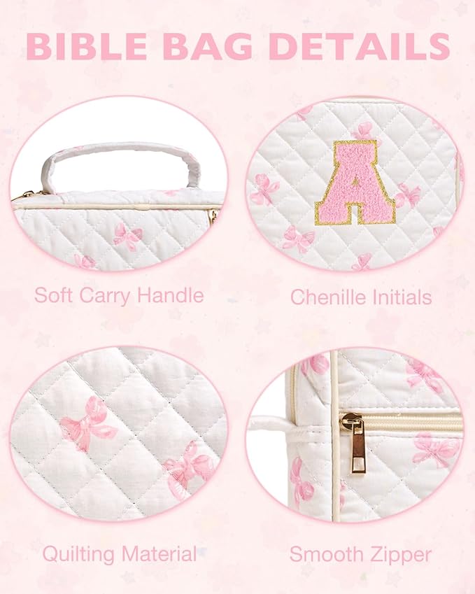 Personalized Initial Bible Cover Case for Women Girls Kid Large Bible Cover with Durable Handle Quilted Bible Carrying Case for Girls Bible Study Supplies Accessories (Pink Bow E, one Size)