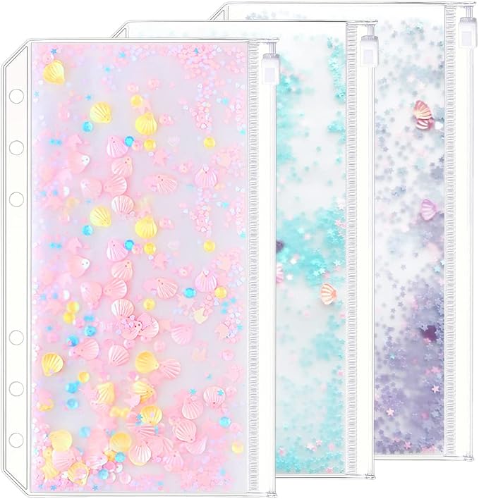 3 Pack A6 6 Holes Binder Pockets Plastic Binder Zipper Folders Waterproof 6 Holes Zipper Loose Leaf Bags Zip Lock Envelope for Documents Notebooks Cards (Sequins Decorate Zip Pocket, A6)