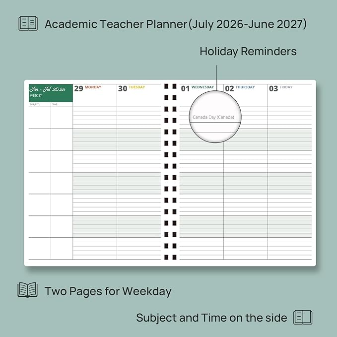 POPRUN Teacher Lesson Planner 2026-2027, (Letter Size - 8.5'' x 11'') Academic Planner July 2026 - June 2027 with Gradebook & Color Monthly Tabs, Thick Paper, 2-Sided Pocket, Leather Cover, Lilac