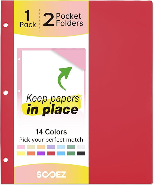 Sooez 2-Pocket Folders, Plastic Folders with Pockets 3 Hole Punched, 1 Pack Pockets Folder for 3 Ring Binder with Labels, Heavy Duty Binder Folder for Document, Letter Size File Folder,Red