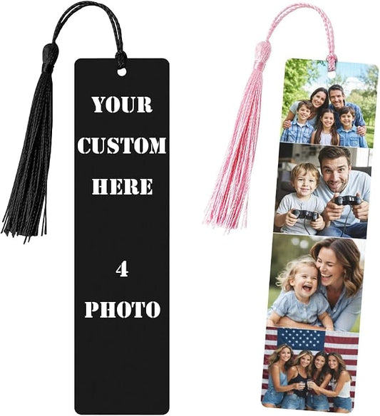 Custom Double-Sided Printed Wooden Bookmarks with 4 Photos & Text, Personalized Design Add Your Own Text/Photo/Logo, Diary Accessories Birthday Presents for Men Women Presents for Book Lovers