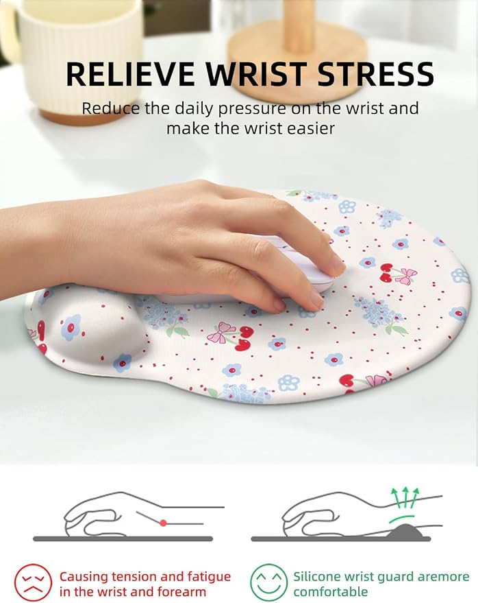 Lily Floral Mouse Pad Wrist Support Wrist Rest, Flower Ergonomic Mouse Pad with Non-Slip Base for Office Gaming Working Computers,Desk Accessories Pain Relief Mouse Mat, Cherry