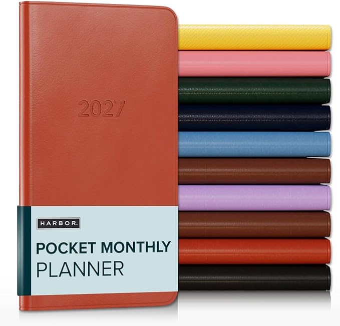 Harbor Pocket Monthly Planner 2027, Calendar Planner and Notebook, Durable Faux Leather, 18 Months, 96 Pages, Softcover & Lightweight - Cambridge Burnt Orange - 6x3.25"