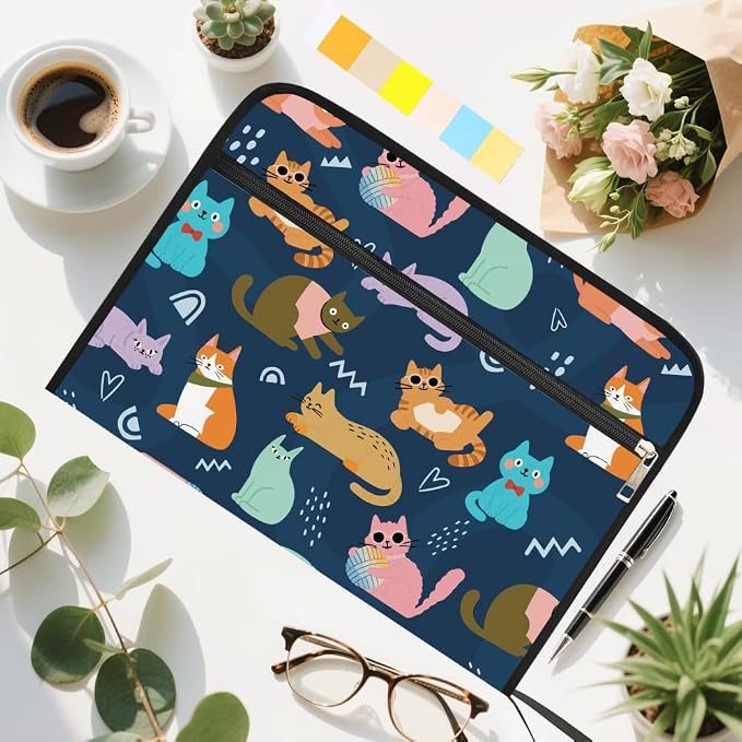 WEBEEDY Cartoon Cat Expanding File Folder 13 Pockets Cute Cat Accordion File Organizer with Labels and Zipper, Waterproof Portable Document Organiser for A4 Paper Photo Letter Receipt Paperwork