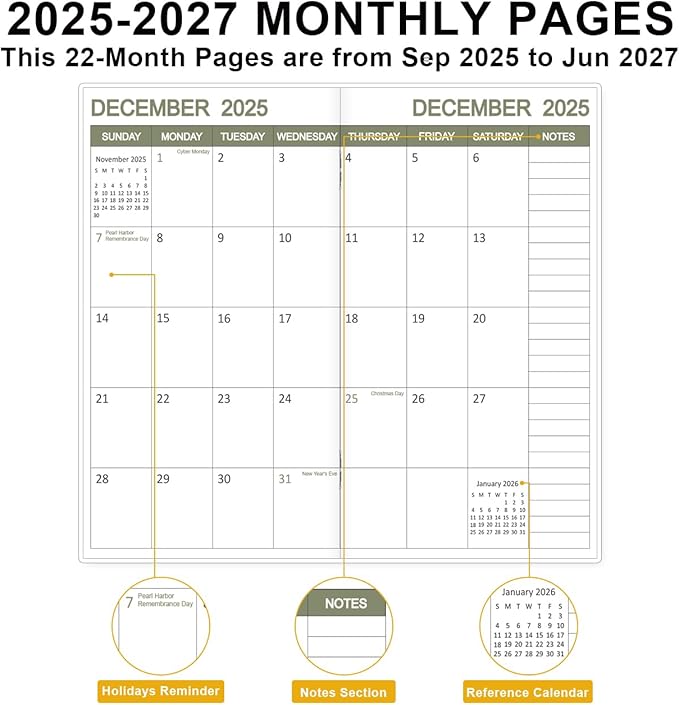 2026-2027 Mini Pocket Planner – 21-Month Pocket Calendar from April 2026 to December 2027, 3.5" x 6.5" Saddle-Stitched Monthly Calendar with Notes Pages – Compact Organizer for Purse, Office, Travel, Green Glod Leaf