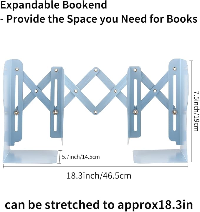 MSDADA Adjustable Bookends, Bookends for Heavy Book, Expandable Book Organizer for Office, School, Libraries, Extends up to 19 inches (Light Blue)