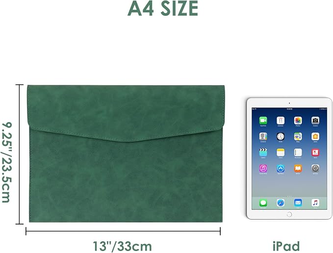 PU Leather Document File Folder,Thin A4 Folder Envelope File Organizer Storage Bag, Receipt Contract Case with Magnetic Closure (Green)