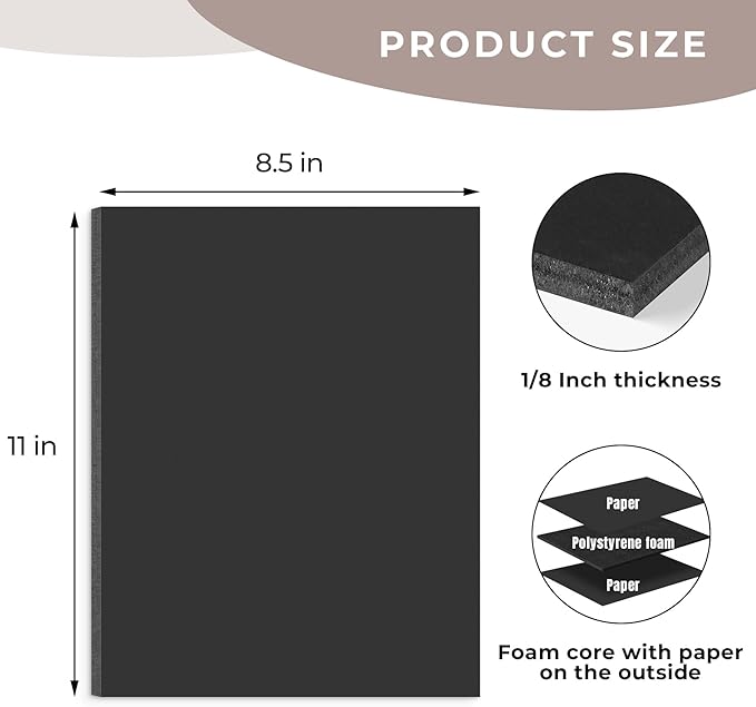 AUEAR, 12 Pack 8.5x11 Black Foam Boards 1/8" Thickness Foam Core Boards for Presentation Board for School Crafts Office Art Projects Display, Mounting, Print