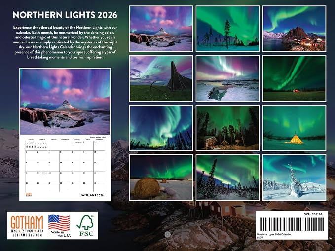 Northern Lights Calendar 2026 Aurora Borealis Wall 12 Month Monthly AK Scenic Souvenirs Alaskan Themed Gifts | American Made In The USA