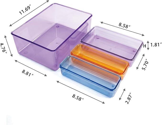 MOSSRIVER 4 Pack Clear Drawer Organizer Set, Plastic Desk Organizer Bin with Lid & Trays, Colorful Storage Box with Removable Trays for Cosmetics, Jewelry, Bedroom, Bathroom, Office, Combo 07