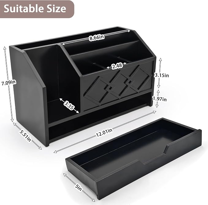 Black Wooden Mail Organizer with Drawer, Three Tiered Desk Accessories for Office Organization and Storage, Stylish Countertop Document Storage, Home/Office/Classroom Supplies (Black02)