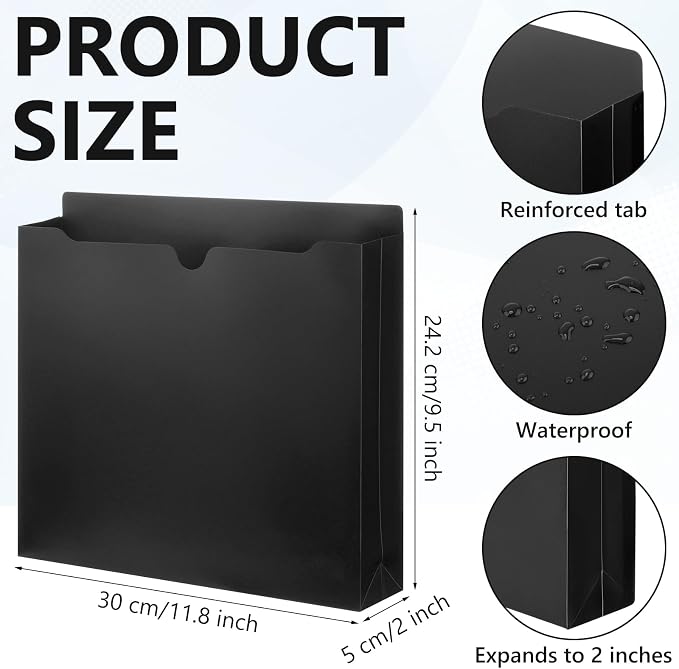 Dunzoom 50 Pack File Jackets Letter Size 2 Inch Expansion Manila Plastic File Folders Expandable Heavy Duty Reinforced Straight Cut Tab Expandable Document Jacket for Office(Classic,Black)