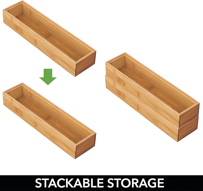 mDesign Slim Wooden Bamboo Drawer Organizer for Office - 12" Long Stackable Storage Box Tray for Desk Drawers/Cabinet - Junk Drawer and Accessories Organization - Echo Collection, 6 Pack, Natural Wood