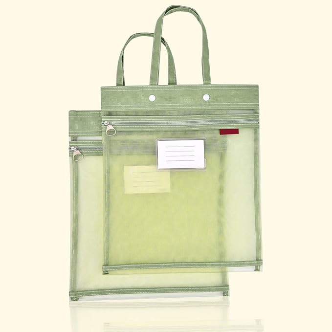 2-Pack Mesh Zipper Pouch Bags with Handles, Double-Layer Nylon Document Bag with Label Pocket, File Storage Pouches for Office Supplies School Travel (Green)