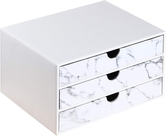 Ayunga PU Leather Desk Organizer with 3 Drawers, Executive Office Supplies Desktop Filing A4 File Cabinet/Holder, Stackable Storage Box for Jewelry/Bill/Paper/Documents/Makeup Home Decor Accessories
