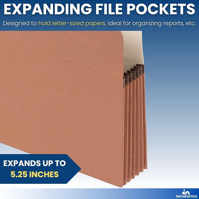 1InTheOffice Expanding File Pockets, Accordion File Organizer, Letter Size, Brown Redrope, 8 1/2" x 11", 1200 Sheet Capacity, 5 1/4", 10 Pack