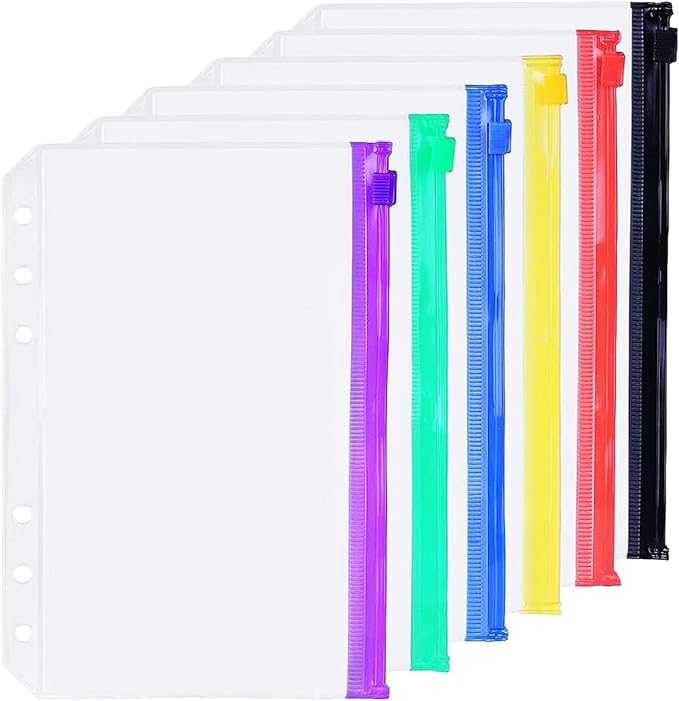 6 Pack A5 6 Holes Binder Zip Pockets Plastic Binder Zipper Folders Waterproof 6 Holes Zipper Loose Leaf Bags Zip Lock Envelope for Documents Notebooks Cards (6 Color Zip Pocket, A5)