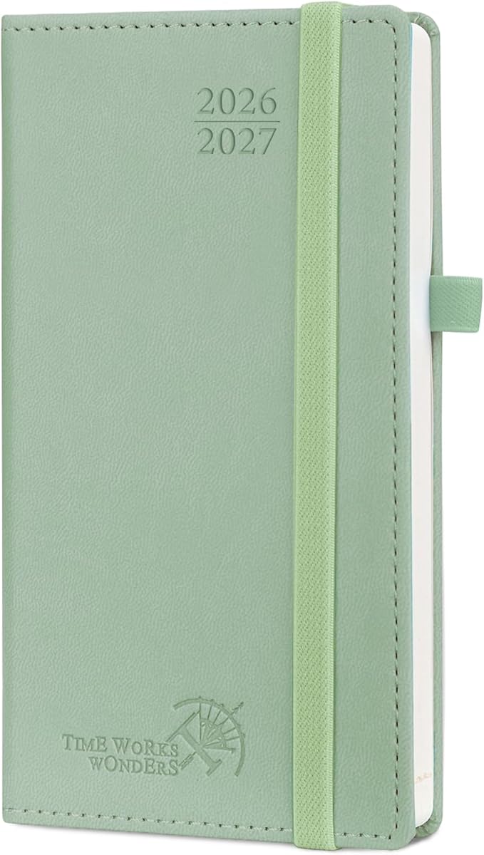 POPRUN Pocket Planner 2026-2027, Slim Size-3.5" x 6.5", 17 Month (Aug 2026 - Dec 2027) Academic Pocket Calendar for Purse, Small Weekly Appointment Book with Vegan Leather Hardcover - Celadon Green