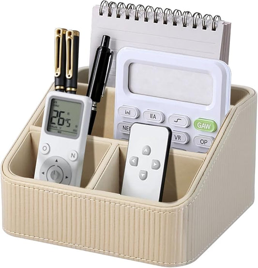 PU Leather Remote Control Holder with 4 Compartments, Small Desk Organizer Office Supply Bedside Caddy, All-in-One Small Bedside Remote Holder Nightstand Desktop Organizer