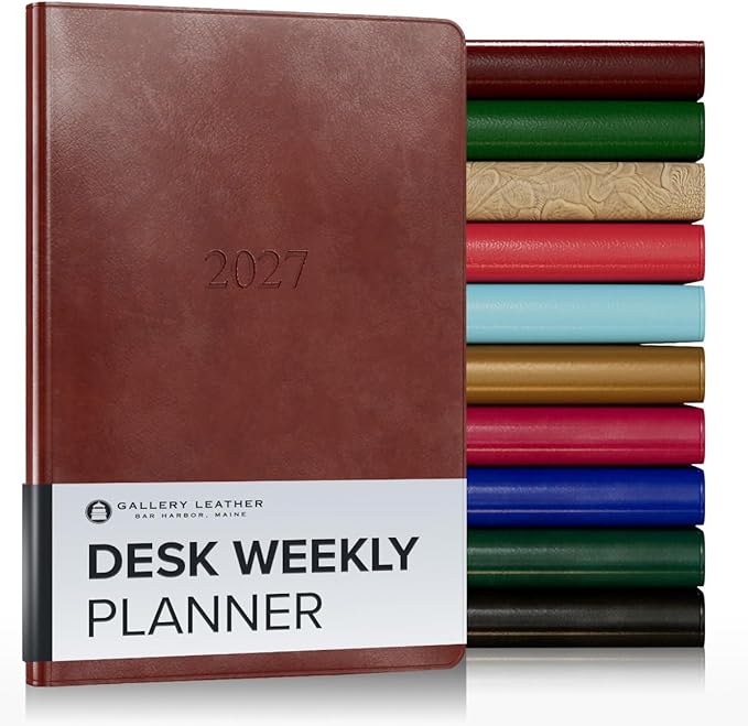 Gallery Leather Desk Weekly Monthly Planner 2027, Elegantly Bound Calendar Planner and Notebook with Stylish Gold-Gilded Page Edges, 12 Months - Acadia Tan - 8x5.5"
