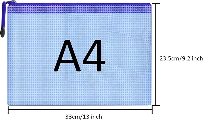 Mesh Document Bag Set of 10, Waterproof Zipper Pouch / A4 Size Zip File, for Household Daily Storage School Office M-D-2B (Blue, A4 (13.5×9.5 Inch))