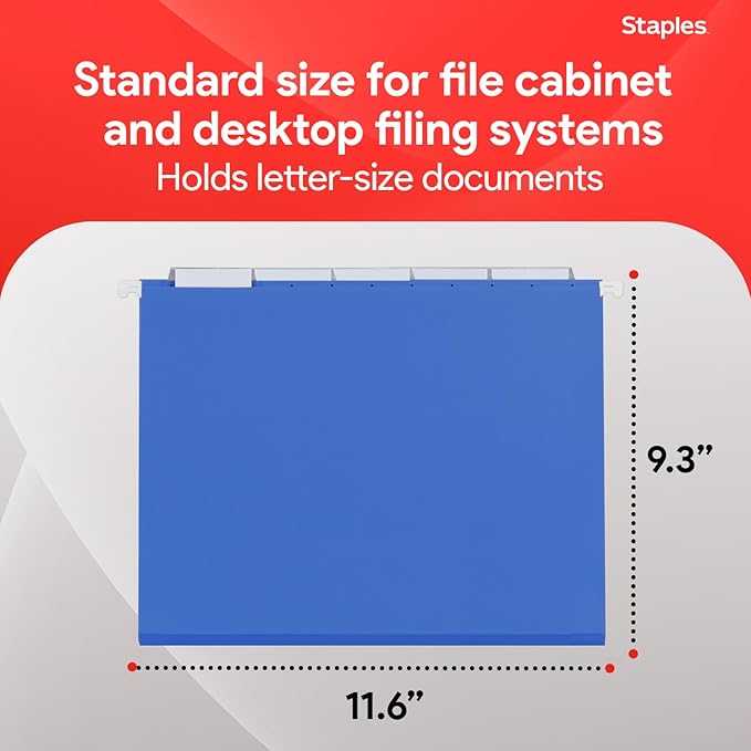 Staples Hanging File Folders, Letter Size, Blue, 5‑Tab, 1/5‑Cut Tabs, Includes Tabs & Inserts – 25/Pack