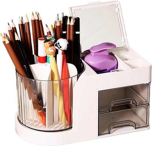 Desk Organizer with 2 Drawer, 360°Rotating Pencil Holder for Desk , Multi-Functional Makeup Organizer, Workspace organizers for School, Home, Office Supplies, Desk Organizers and Accessories