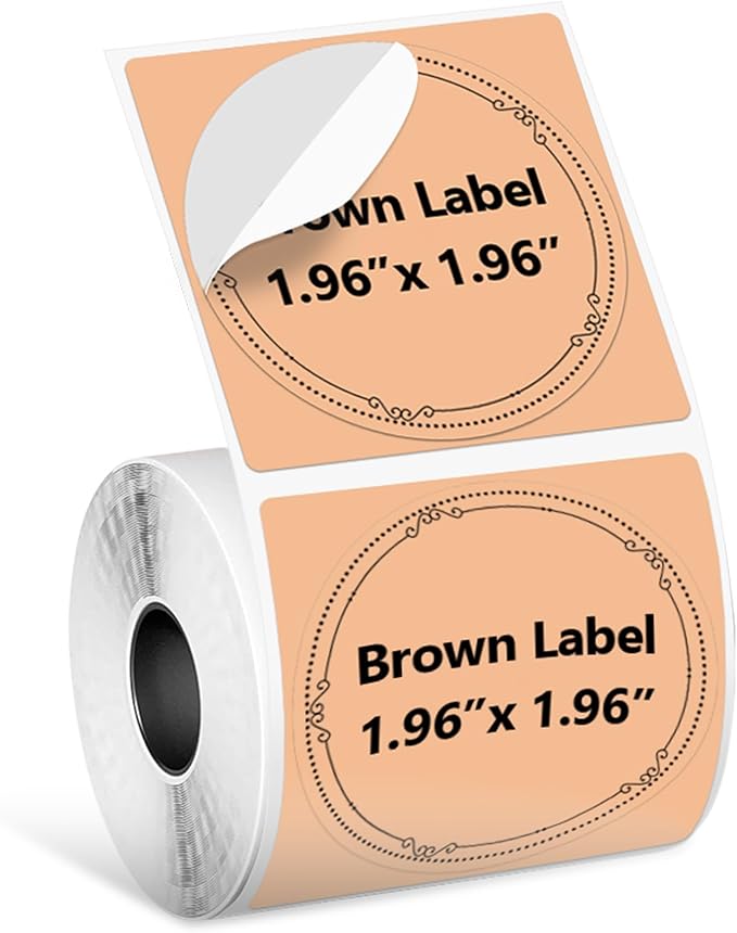Phomemo Labels-Brown Sticker Circle Thermal Label for Jam and Jelly Jar Tags, and More (1.96" x 1.96" Round, 140 Labels/Roll) Compatible with M110/M220/M221/M110/M100/M250, Black on Brown, 50 x 50mm