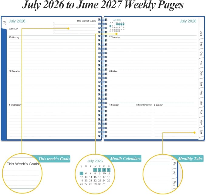 2026-2027 Planner - Planner 2026-2027 from July 2026 to June 2027 with 12 Monthly Tabs, Flexible Cover, Inner Pocket, 8.5" x 11", Blue