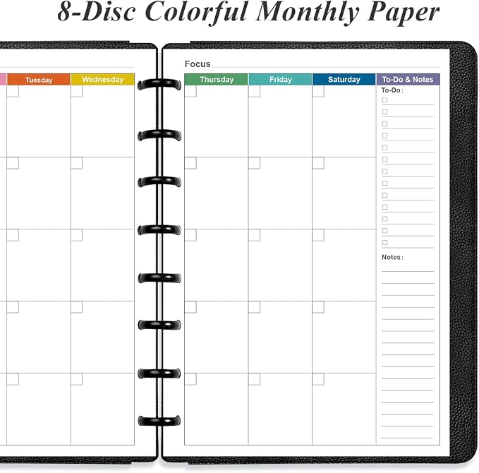 Junior Size Monthly Planner Refills - 53 Sheets/106 Pages Undated Colorful Monthly Planner, 8-Disc Discbound, 100 gsm White Paper, Lasts 2 Year, Undated, 5.8" x 8.3"