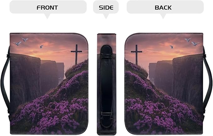 Purple Leather Bible Cover for Girls and Women, Book Case Church Bible Protective with Handle and Zippered Pocket,Cross White Dove and Lavender,Large