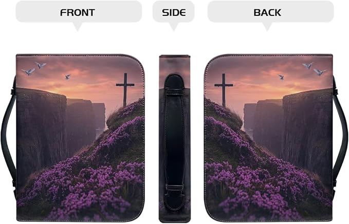 Purple Leather Bible Cover for Girls and Women, Book Case Church Bible Protective with Handle and Zippered Pocket,Cross White Dove and Lavender,Large