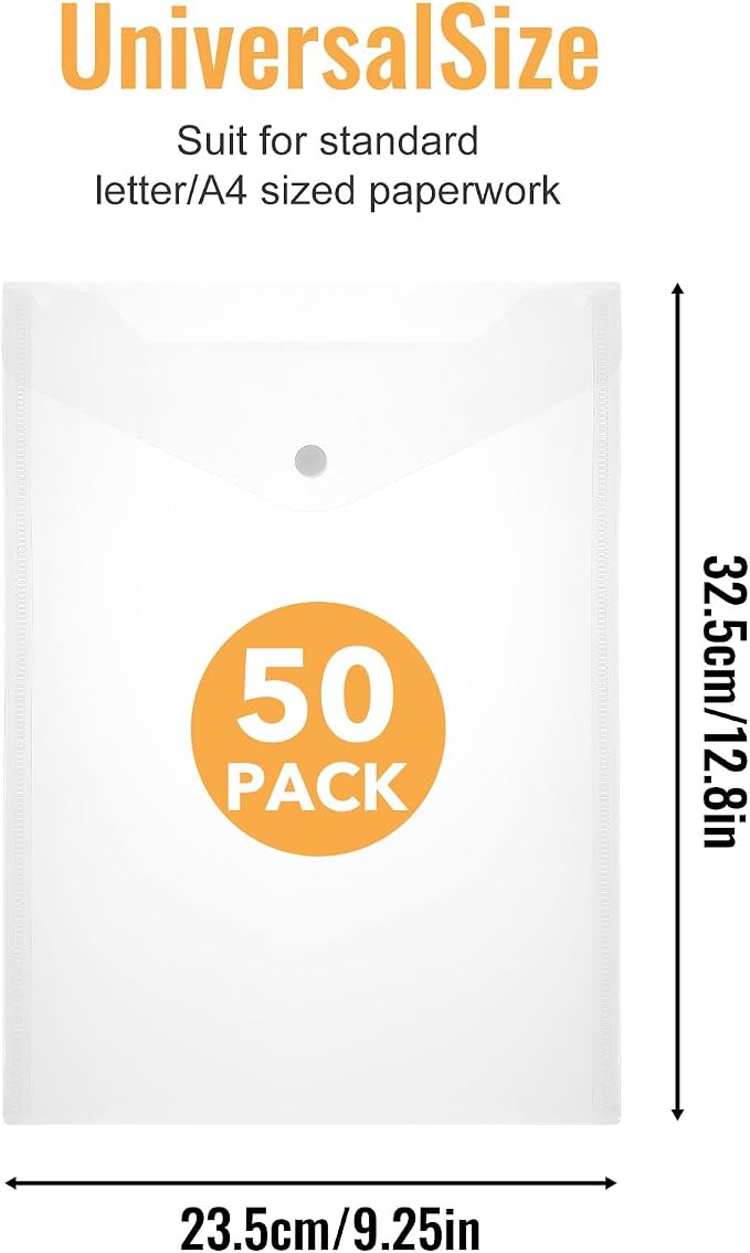 50 Pcs 9"x12" Clear Plastic Envelopes with Snap Closure, Heavy-Duty Plastic Document Envelope & File Folder for Organizing Papers (9.25"x12.8")