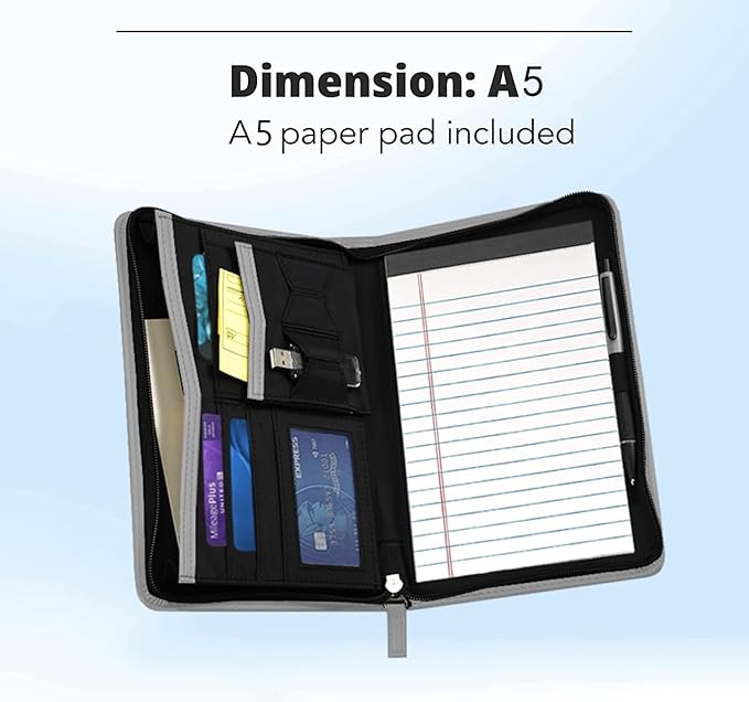 Lcjtop Junior Business Padfolio - A5 PU Leather Portfolio Binder & Zippered Binder Folder with 5 x 8 Writing Pad and Interior Storage Pocket Executive Business Organizer for Women,Gray