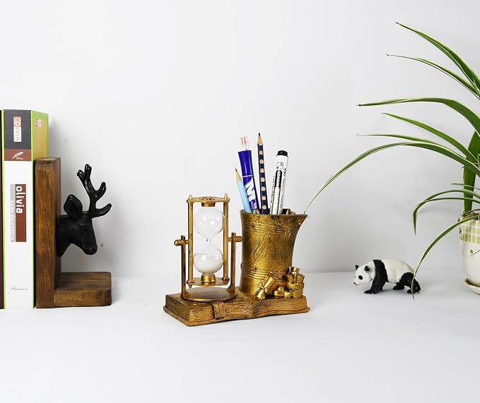 Owlgift Music-Themed Pencil Holder with Hourglass, Resin Desktop Organizer for Office & Study, Pen Holder with Sand Timer, Classic Addition Scissors Storage, Artistic Accessory Gift