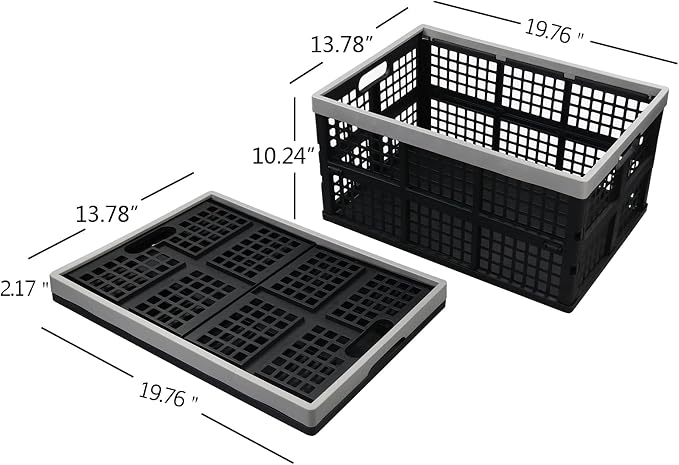 2 Pack 42 L Stackable Plastic Folding Crate, Plastic Collapsible Storage Basket, Organizer Bin for Car Trunk, Home, Office, Grocery, Clothes
