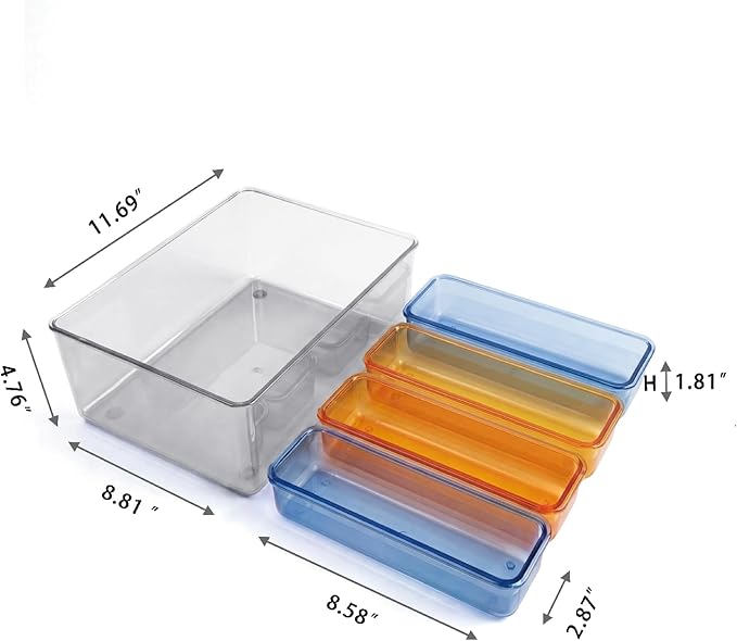 MOSSRIVER 5 Pack Clear Drawer Organizer Set, Plastic Desk Organizer Bin with Lid & Trays, Colorful Storage Box with Removable Trays for Cosmetics, Jewelry, Bedroom, Bathroom, Office, Combo 08