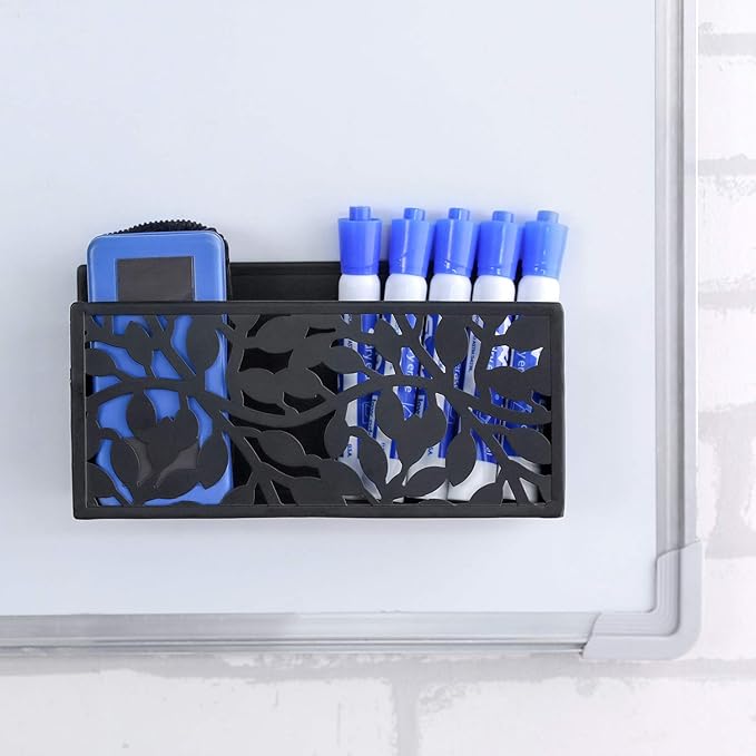 MyGift Black Metal Magnetic Dry Erase Marker Holder for Whiteboard Markers and Accessories Storage Basket Organizer with Floral Cutout Design