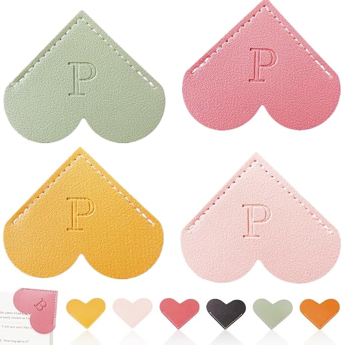 Personalized Leather Heart Bookmark, 26 Letters Customized Corner Book Mark for Reading Women, Book Marker with Initials，Cute Gifts (Light Pink+Deep Pink+Green+Light Brown, P)