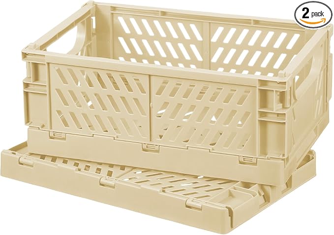 uxcell 2Pcs Small Plastic Storage Baskets, 9.6 x 6.3 x 4.1 Stackable Foldable Storage Bins with Handles Collapsible Crates for Home Office Shelves Closet Books Organizing, Cream White